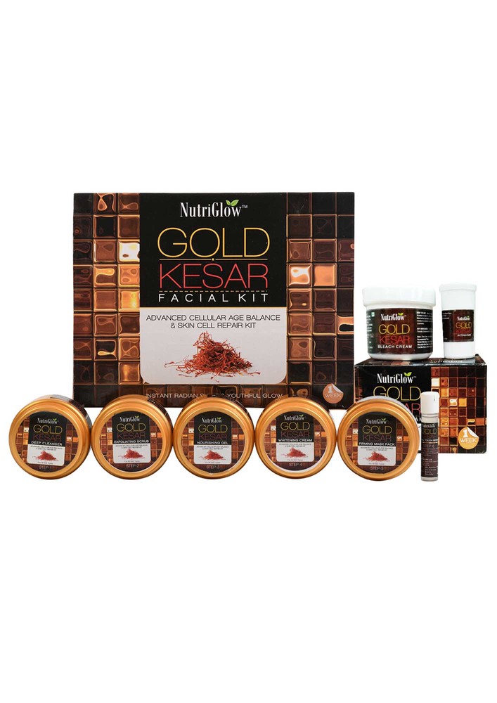 Nutriglow Gold Kesar Facial Kit (260 Gm) & Bleach Cream (43gm) For Bright Nourishing Skin, Lighten Facial Hair, No Paraben & Sulphate, Pack Of 2