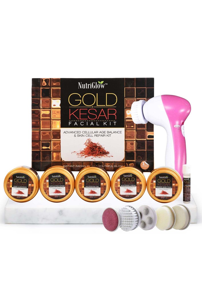 Nutriglow Gold Kesar Facial Kit For Women For Glowing Skin| 6-pieces Skin Care/skin Cleanup Set With Deep Cleanser, Scrub, Nourishing Gel, Whitening Cream, Mask Pack And Serum| With Free Face Massager| 260 G