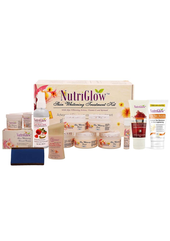 NutriGlow Facial Kit, Bleach Cream, Fresh Rose Toner, Moisturizing Lotion, De Tan Scrub, Advanced Perfect White Radiance Day Cream| Anti-Aging, Acne, Blemishes Care| All Skin Types|with Free Head Band| Pack of 7
