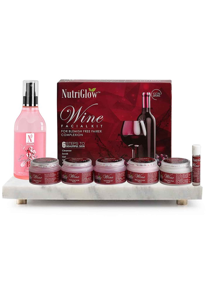 Nutriglow Red Wine Facial Kit (250gm+10ml) & English Rose Facial Toner (150ml) For Skin Smoothening, Tighten Pores, Remove Blackheads, All Skin Type, Pack Of 2