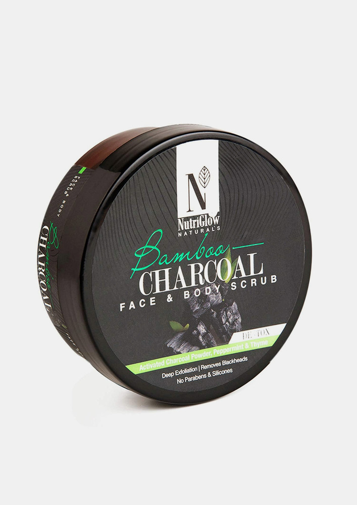 NutriGlow NATURAL'S Bamboo Charcoal Face & Body Scrub Gentle Exfoliating Nourishing Polishing Skin, Blackheads, Acne, Dead Skin Removal, No Sulphates, 200gm