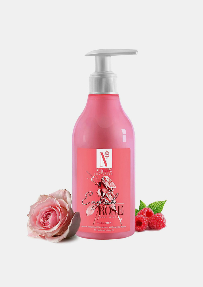 NutriGlow NATURAL'S English Rose Body Milk For Intensive Nourishment, 8 Hour Moisture Lock & Repairs Skin Damage, No Parabens & Mineral Water, 300 ml