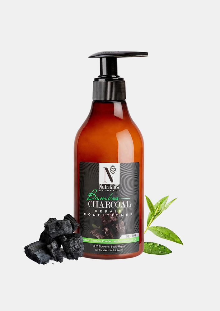 NutriGlow NATURAL'S Bamboo Charcoal Conditioner For Shiny Voluminous Manageable Hair, Stimulates Growth, Nourishes Dry Frizzy Damaged Hair, Parabens & Sulphates Free, 300 ml