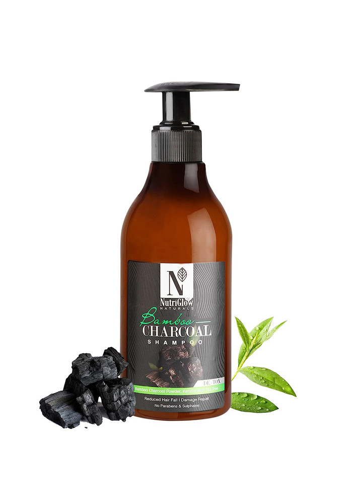 NutriGlow NATURAL'S Bamboo Charcoal Shampoo For Smoothing Repairing Dull Brittle Hair| Stimulates Hair Growth Voluminous Shiny Manageable Hair | No Parabens & Sulphates (300 ml)
