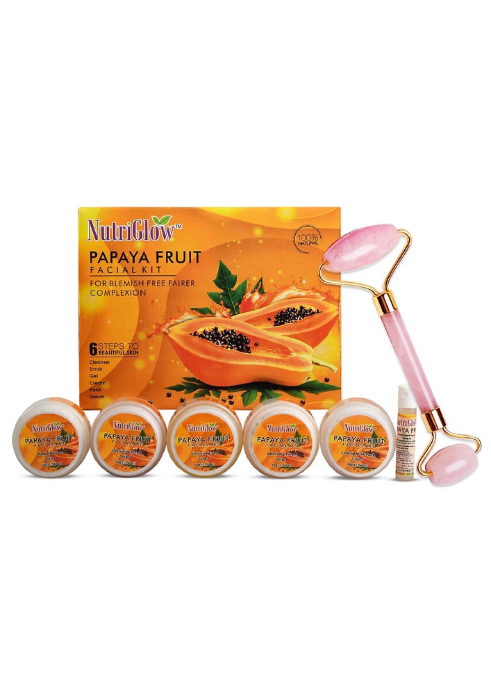 Nutriglow Naturals Papaya Facial Kit For Blemish Free And Fairer Skin Hydrated & Brightening Fresh Looking Skin, All Skin Types, No Parabens & Sulphates, 60gm With Jade Roller