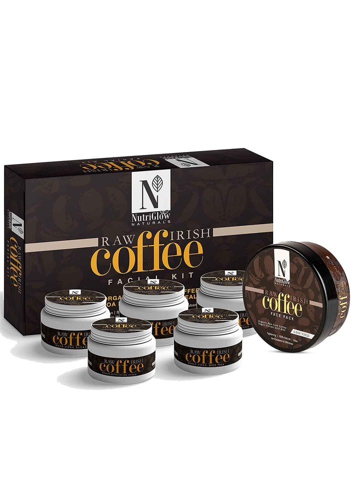 NutriGlow Naturals Raw Irish Coffee Facial Kit (250gm + 10ml) With Coffee Face Pack (200gm) Yogurt Extract with Mint For Deep Pore Cleanser, Glowing Skin, Tightening Pores, Remove Blackheads, Pack of 2