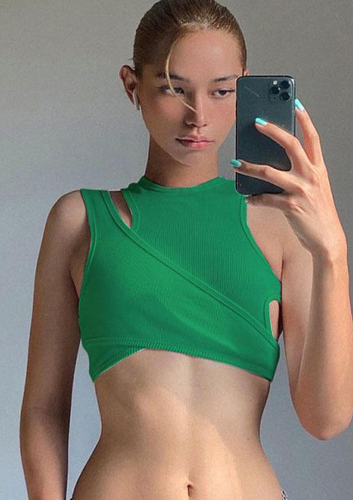 Green Ribbed Layered Cut-out Crop Top