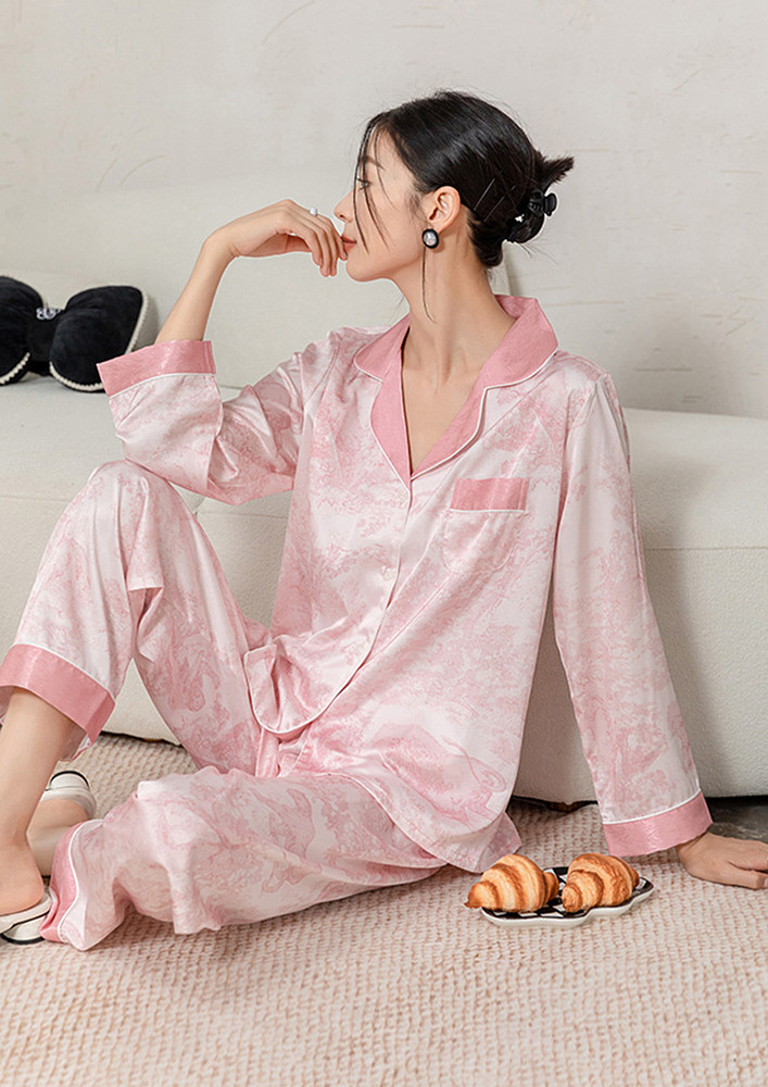 Pink Printed Two Piece Nightwear Pyjama Set