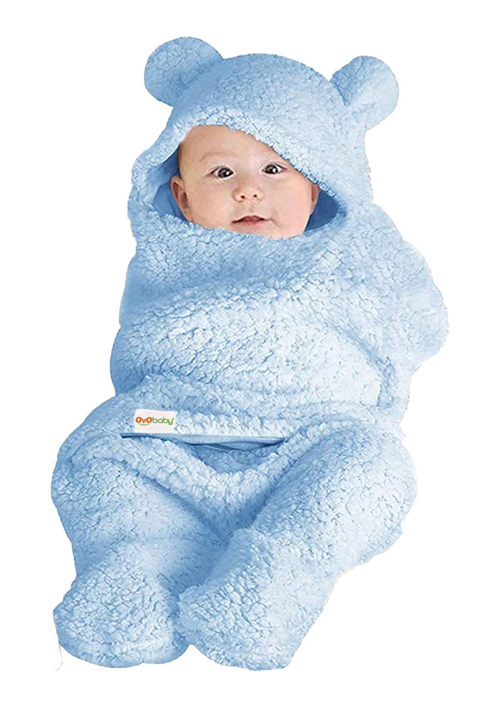 Oyo Baby Printed Single Hooded Baby Blanket For  Mild Winter (woollen Blend, Plain Blue)-ob-2051-pln-b