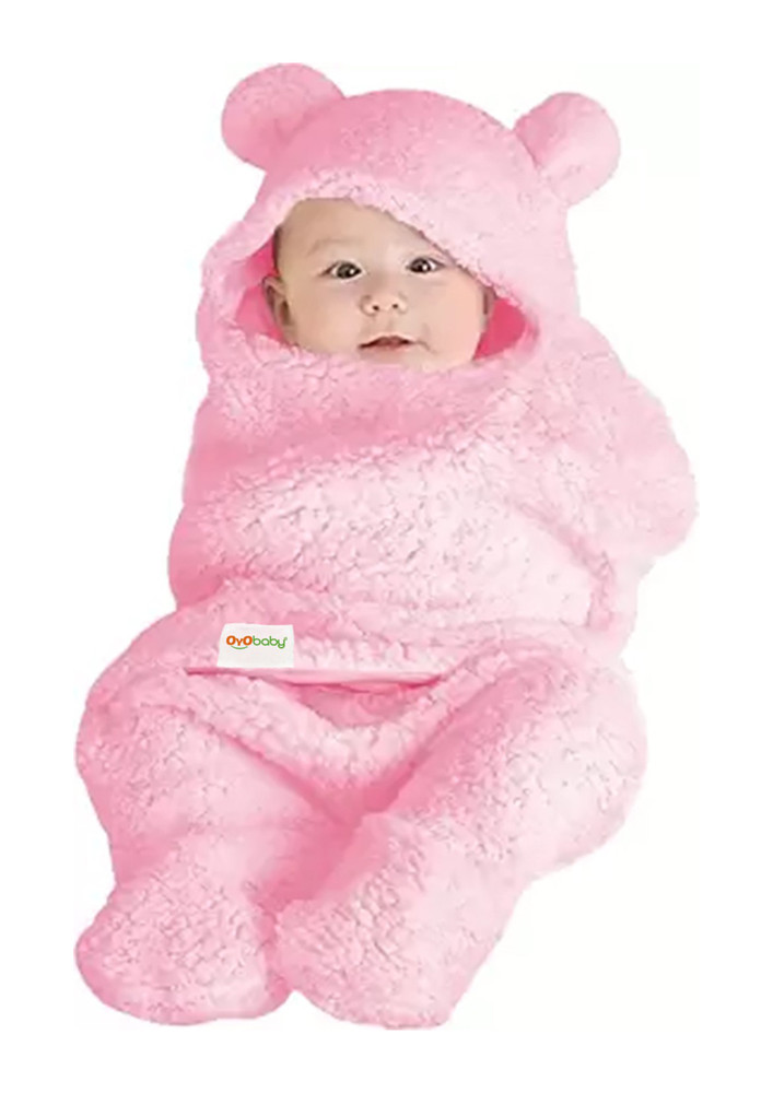 Oyo Baby Printed Single Hooded Baby Blanket for  Mild Winter (Woollen Blend, Plain Pink)-OB-2051-PLN-P