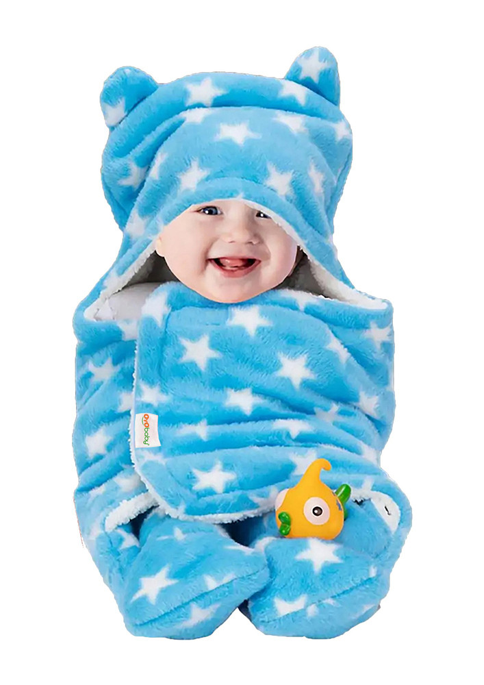 Oyo Baby Printed Single Hooded Baby Blanket For  Mild Winter (woollen Blend, Printed Blue)-ob-2051-str-b
