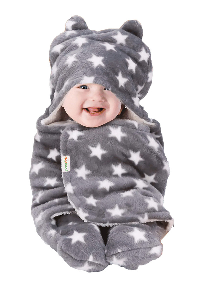 Oyo Baby Printed Single Hooded Baby Blanket For  Mild Winter (woollen Blend, Printed Grey)-ob-2051-str-gr