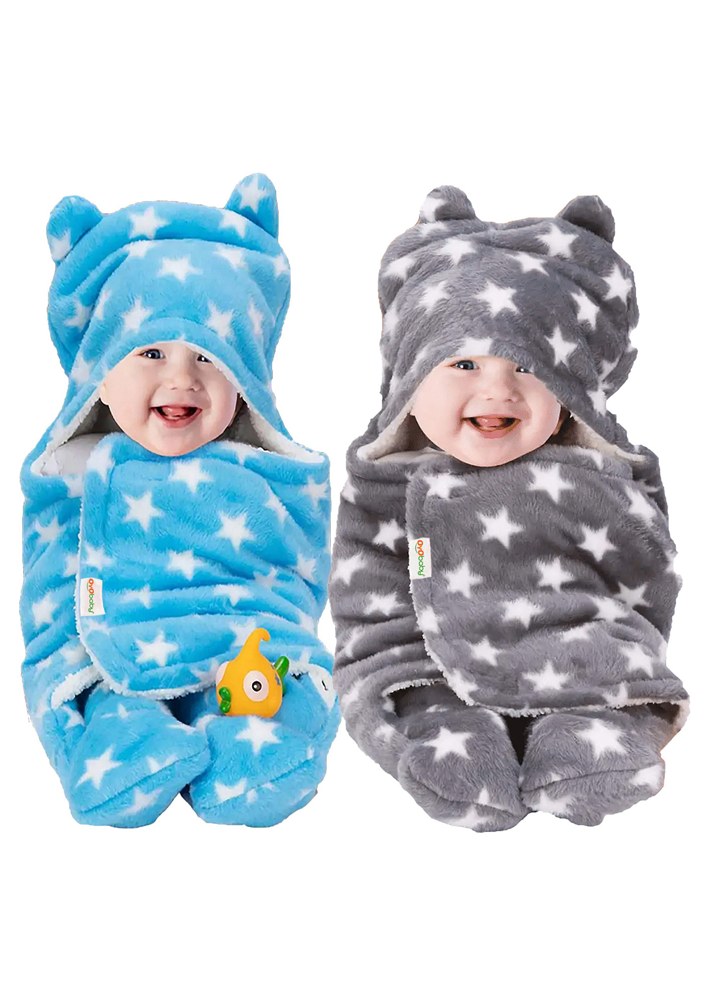 Oyo Baby Printed Single Hooded Baby Blanket for  Mild Winter (Woollen Blend, Printed Grey + Printed Blue)-OB-2051-STR-GR+STR-B