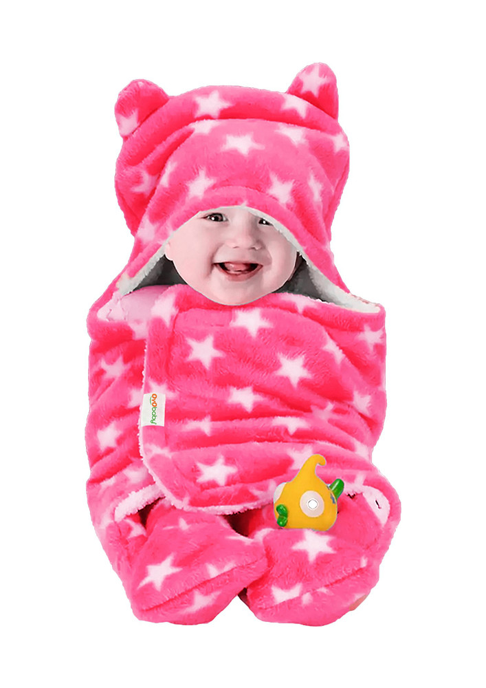 Oyo Baby Printed Single Hooded Baby Blanket for  Mild Winter (Woollen Blend, Printed Pink)-OB-2051-STR-P