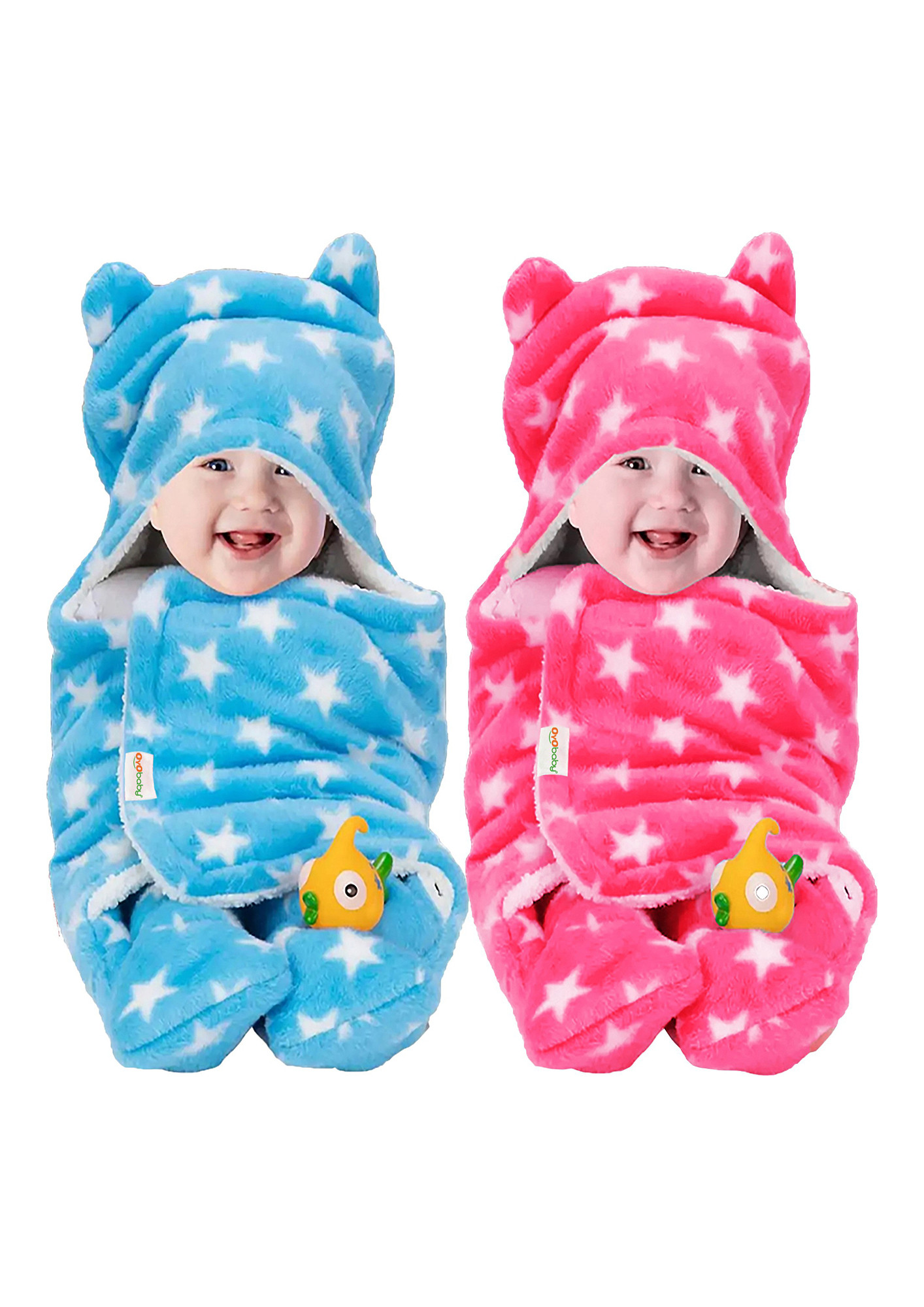 Oyo Baby Printed Single Hooded Baby Blanket for  Mild Winter (Woollen Blend, Printed Pink + Printed Blue)-OB-2051-STR-P+STR-B
