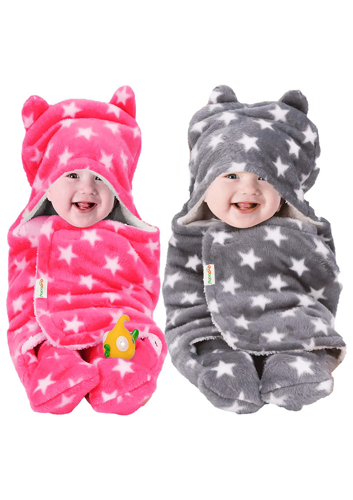 Oyo Baby Printed Single Hooded Baby Blanket For  Mild Winter (woollen Blend, Printed Grey + Printed Pink)-ob-2051-str-p+str-gr