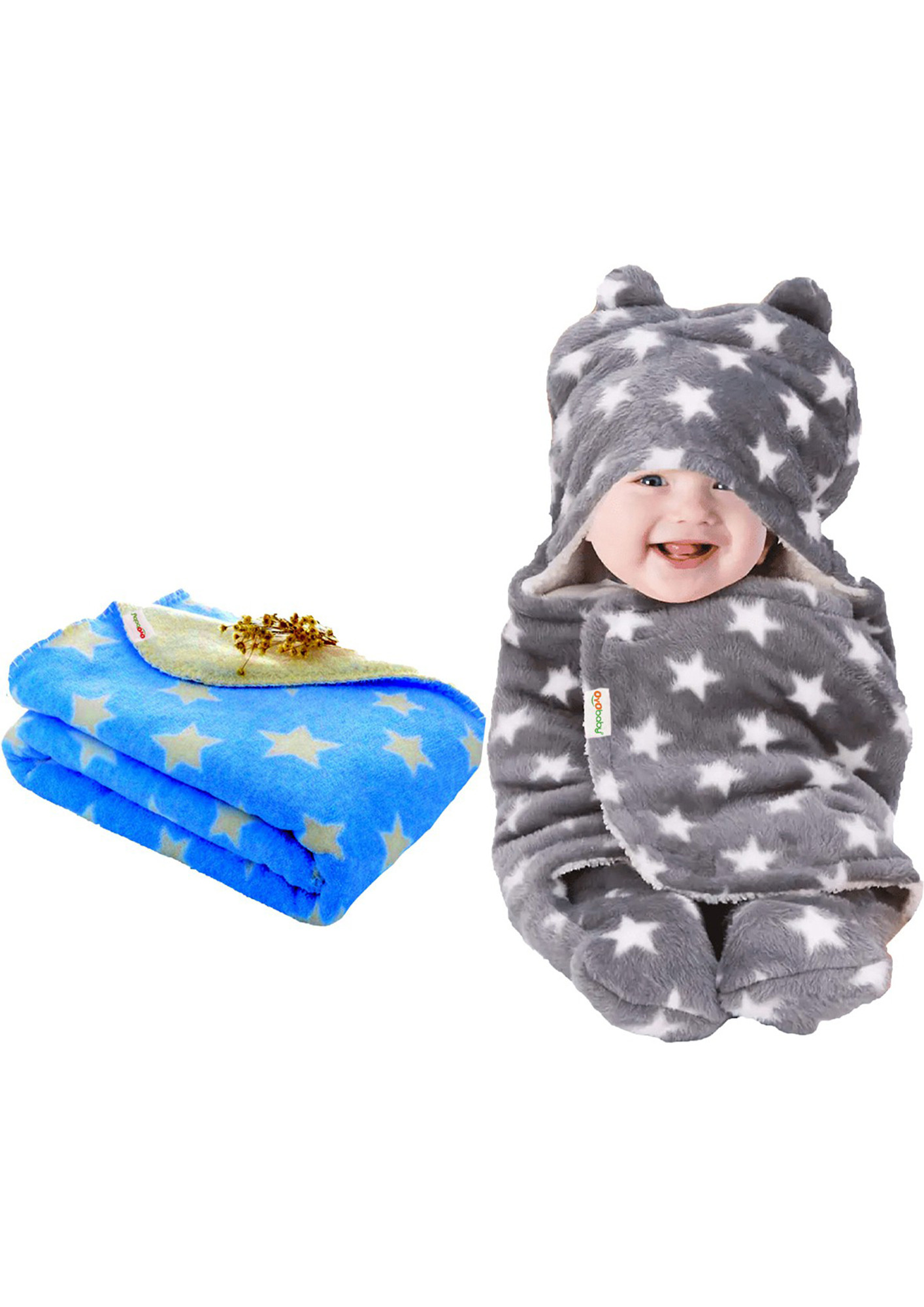 Oyo Baby Printed Crib Crib Baby Blanket for  AC Room (Woollen Blend, Blue, Grey)-OB-2060-SQ-B+H-GR