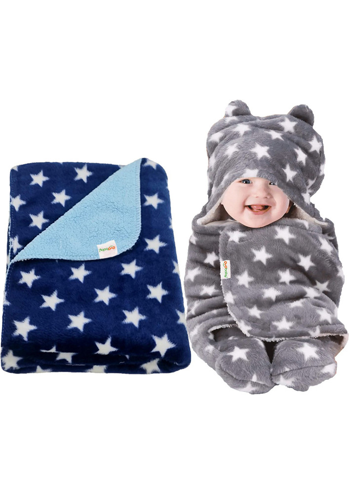 Oyo Baby Printed Crib Crib Baby Blanket for  AC Room (Woollen Blend, Dark Blue, Grey)-OB-2060-SQ-DB+H-GR