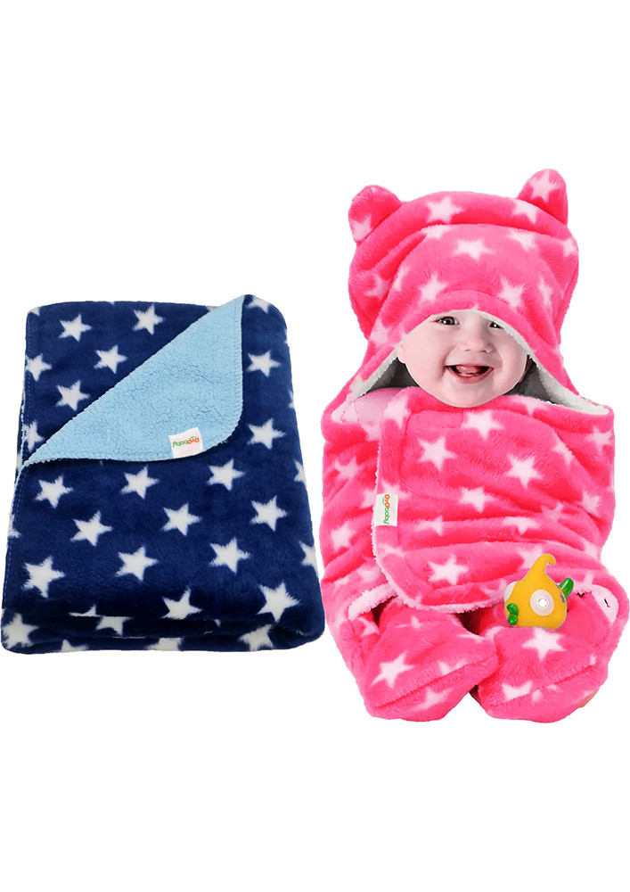 Oyo Baby Printed Crib Crib Baby Blanket For  Ac Room (woollen Blend, Dark Blue, Pink)-ob-2060-sq-db+h-p