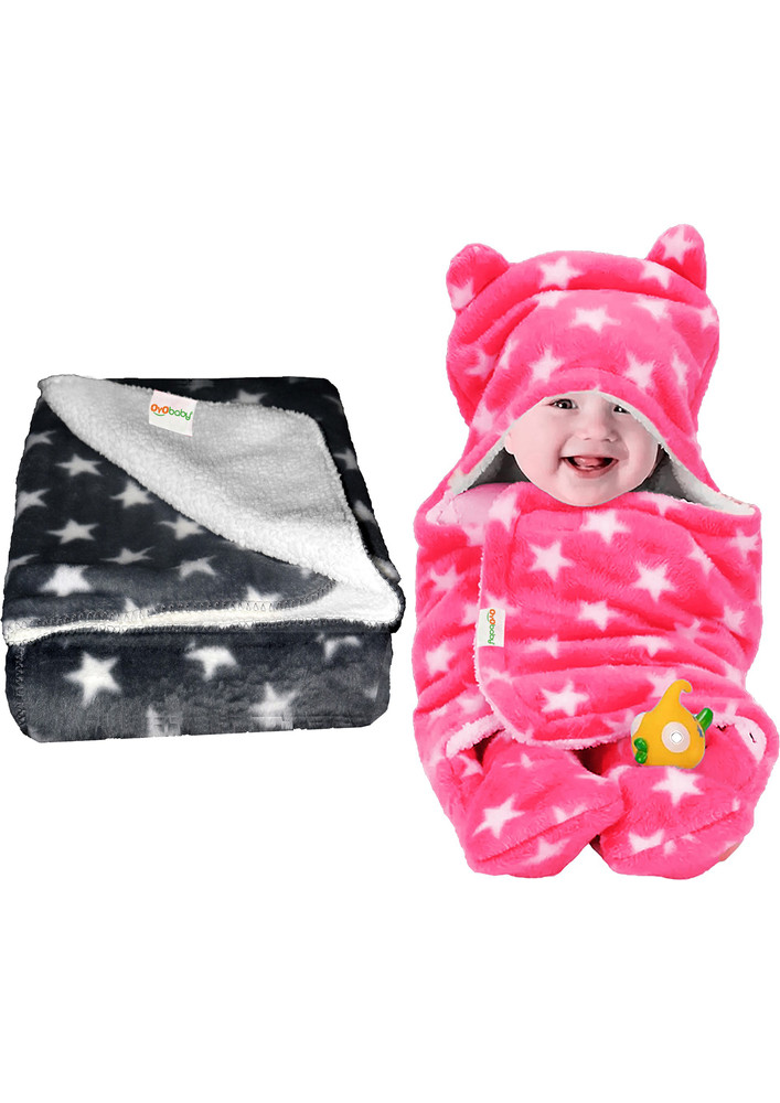Oyo Baby Printed Crib Crib Baby Blanket for  AC Room (Woollen Blend, Grey, Pink)-OB-2060-SQ-GR+H-P