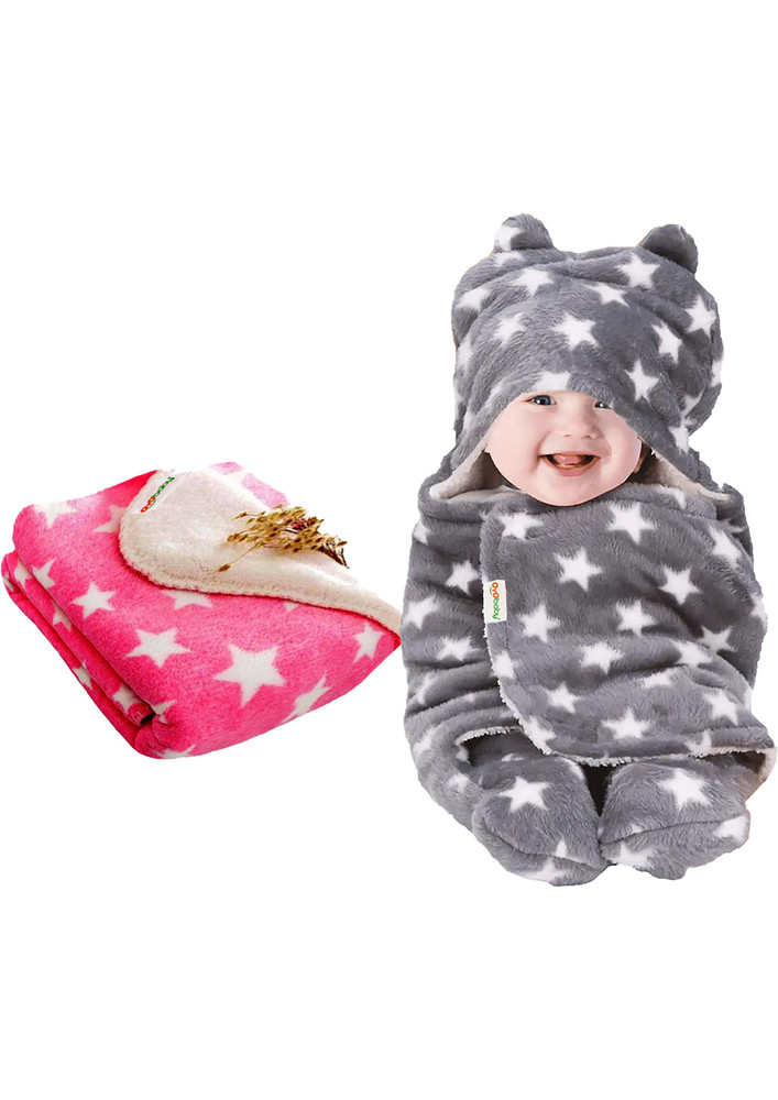 Oyo Baby Printed Crib Crib Baby Blanket For  Ac Room (woollen Blend, Pink, Grey)-ob-2060-sq-p+h-gr
