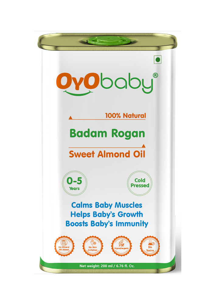Oyo Baby Badam Rogan Sweet Almond Oil, Rich in Vitamin -E for Healthy Skin, Hair and Body, Edible For Strong Bones and Healthy Body Baby Badam Rogan Massage Oil (200 ml)-OB-2339