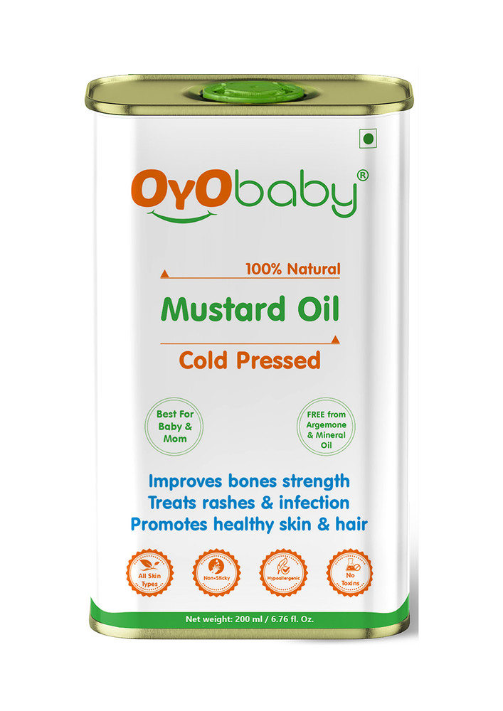 Oyo Baby Kachi Ghani Pure Mustard Oil, Cold Pressed, Best for bone Developmemt and healthy muscles, Nourishes skin and Hair Baby Massage Mustard Oil (200 ml)-OB-2351