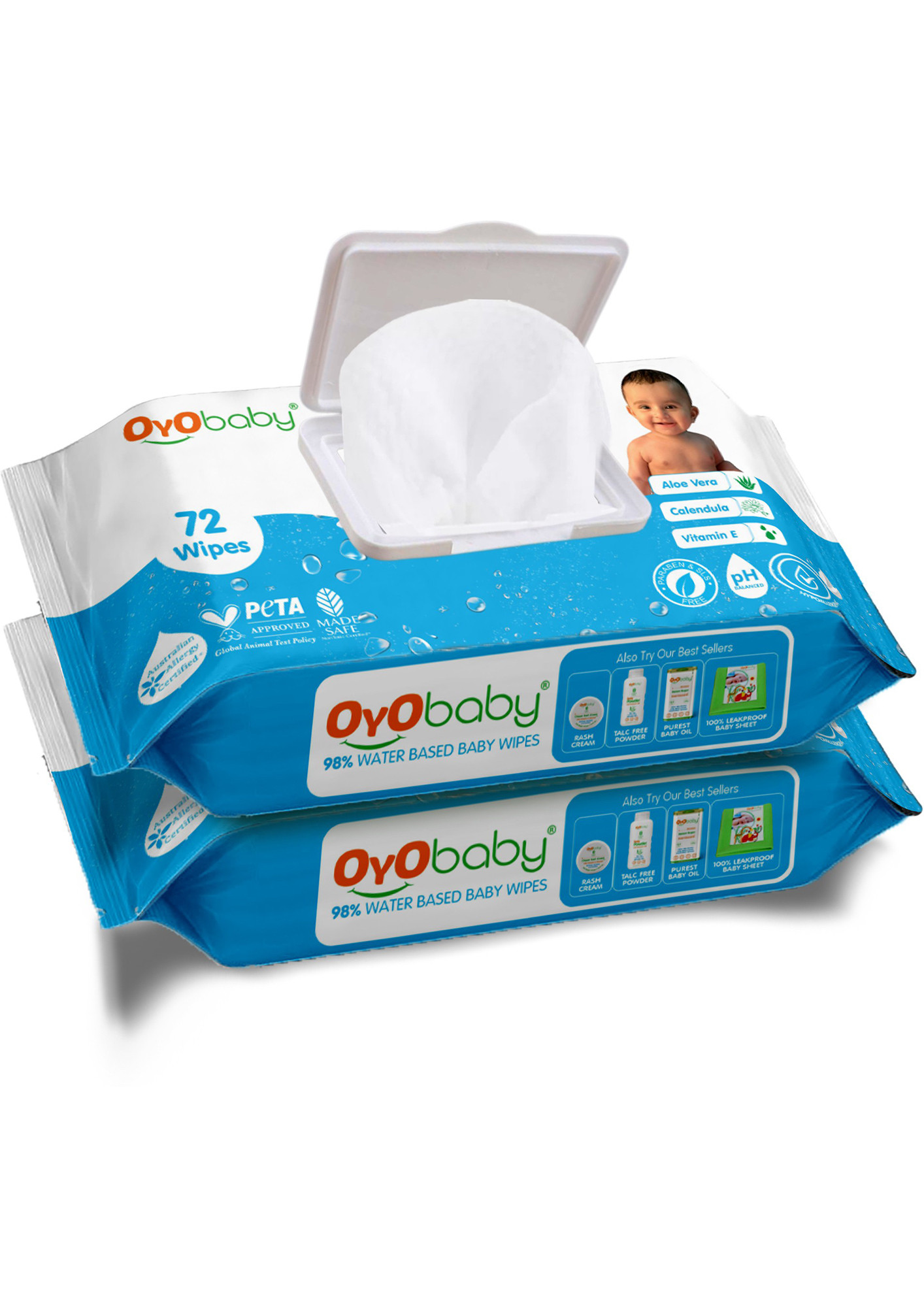 Oyo Baby 98% Water Wipes With Aloe Vera And Vitamin E, Calendula Extracts Baby Wipes (144 Wipes)-OB-2352-2
