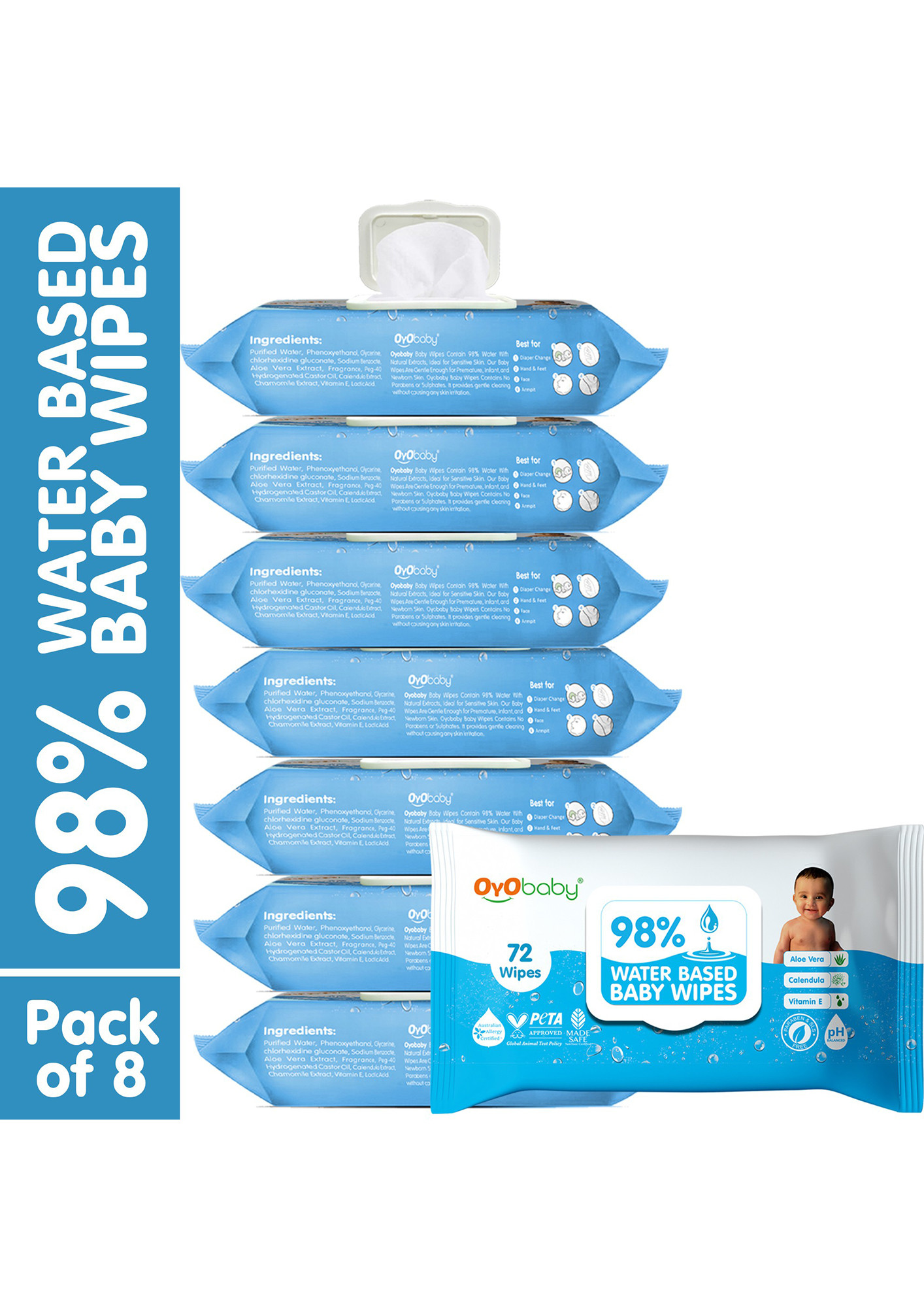 Oyo Baby 98% Water Wipes With Aloe Vera And Vitamin E, Calendula Extracts Baby Wipes (576 Wipes)-OB-2352-8