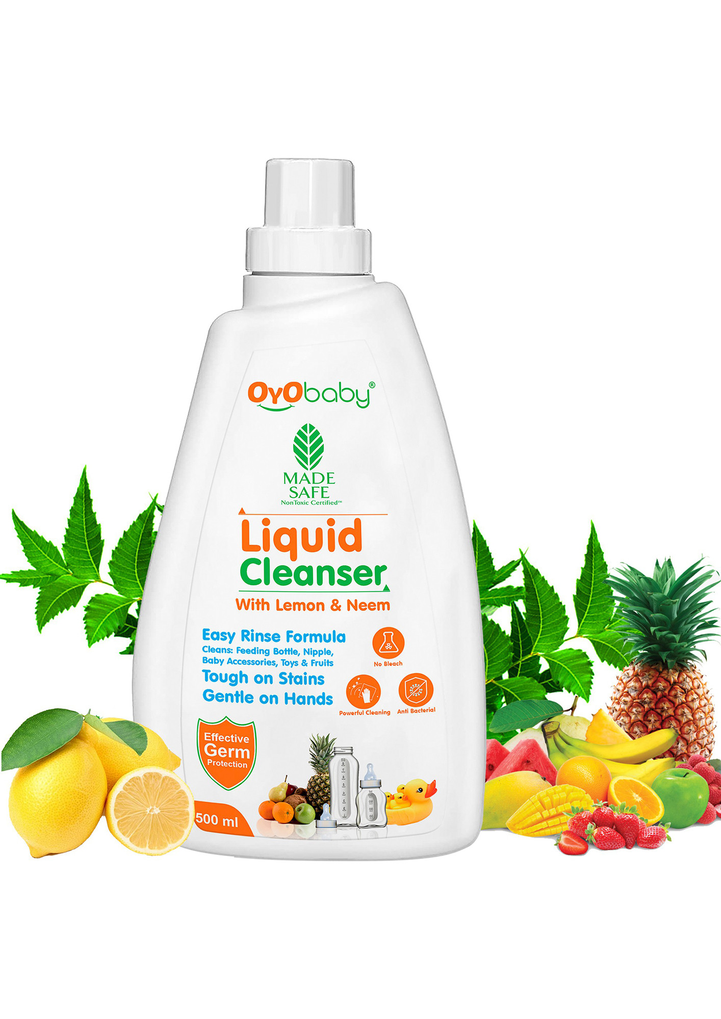Oyo Baby Anti-Bacterial Baby Liquid Cleanser For Fruits, Bottles, Accessories And Toys Neem Liquid Detergent (500 ml)-OB-2365
