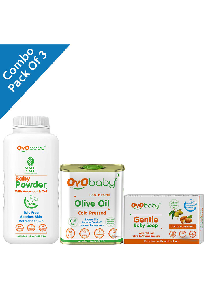 Oyo Baby Baby Soap, Baby Powder And Baby Massage Olive Oil Combo For New Born Baby (White)-OB-2401-3GS
