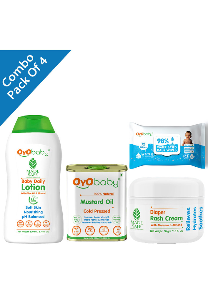 Oyo Baby Gift Set Baby Lotion, Baby Rash Cream, Baby Wipes And Baby Massage Mustard Oil (White)-OB-2401-4GS