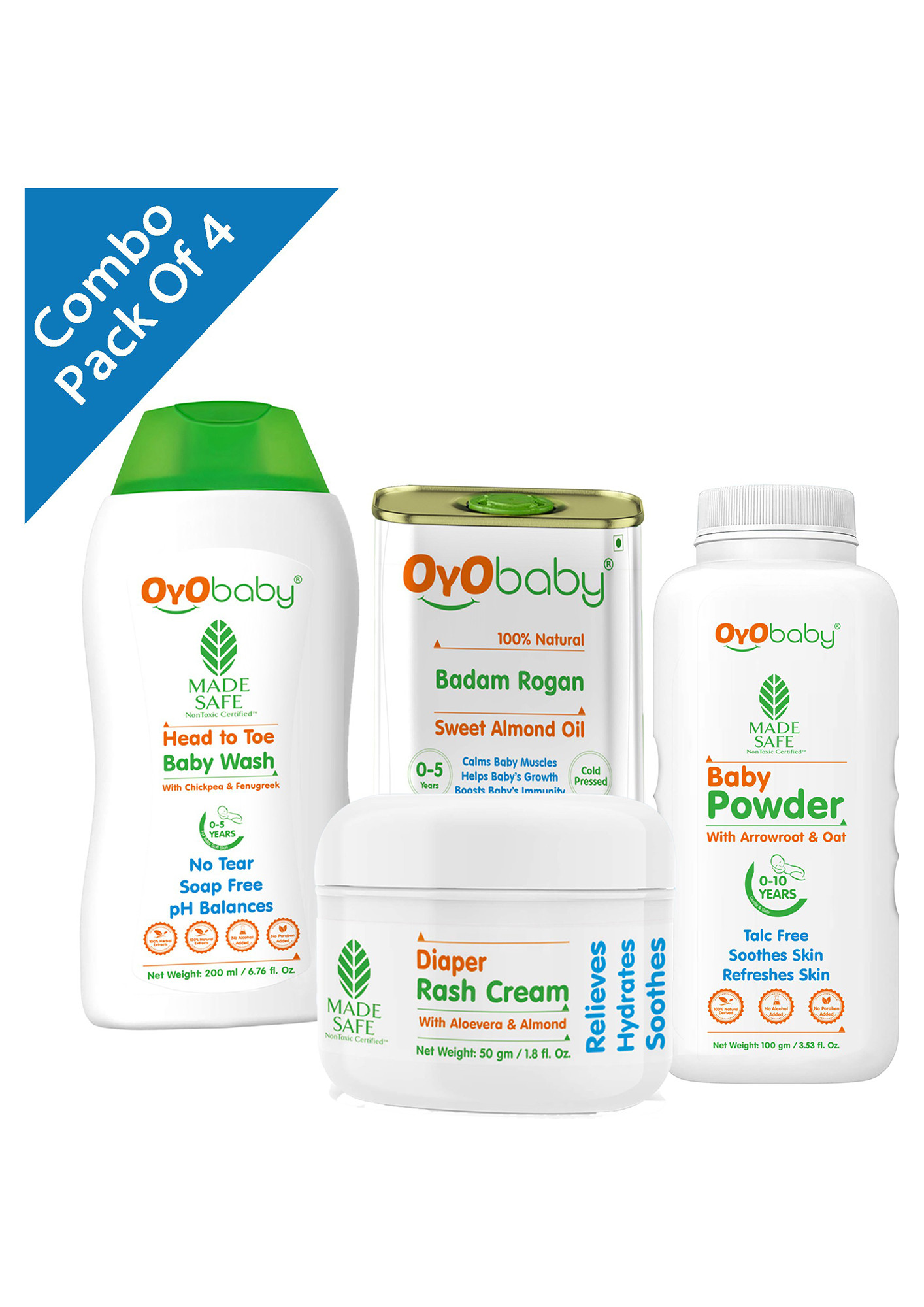 Oyo Baby Gift Set Baby Powder, Baby Rash Cream, Baby Body Wash And Baby Massage Oil (White)-OB-2402-4GS
