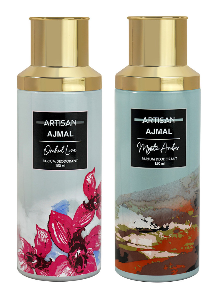 AJMAL ARTISAN - ORCHID LOVE & MYSTIC AMBER DEODORANT PERFUME 150ML LONGLASTING SPRAY GIFT FOR MEN AND WOMEN ONLINE EXCLUSIVE