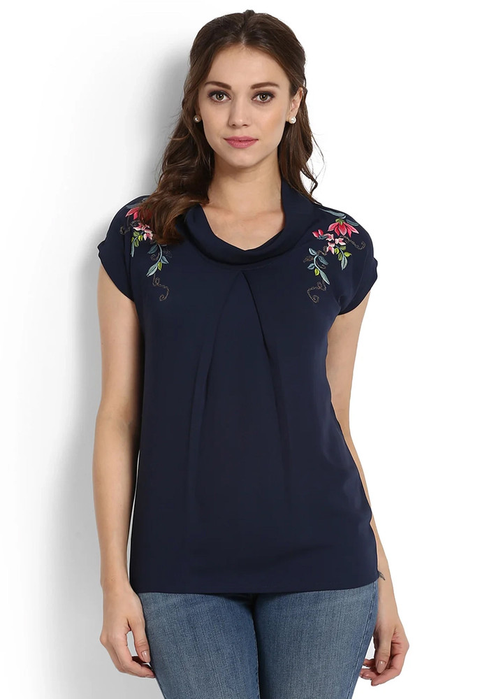 Taggd Solid Blue Embroidered Top