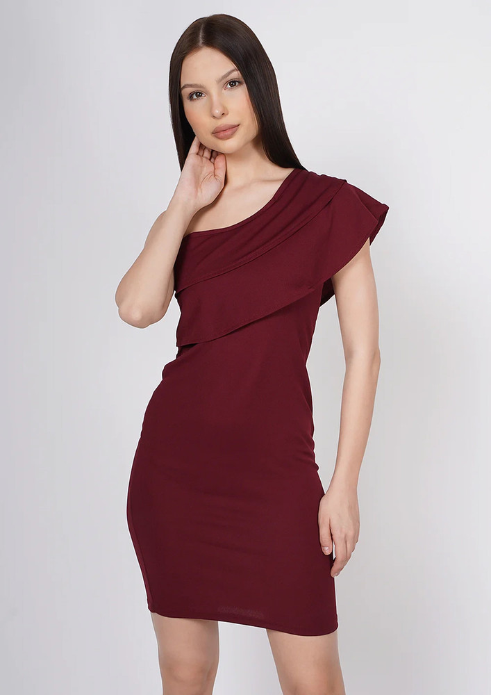 TAGGD Maroon Solid Knitted Bodycon One Shoulder Dress