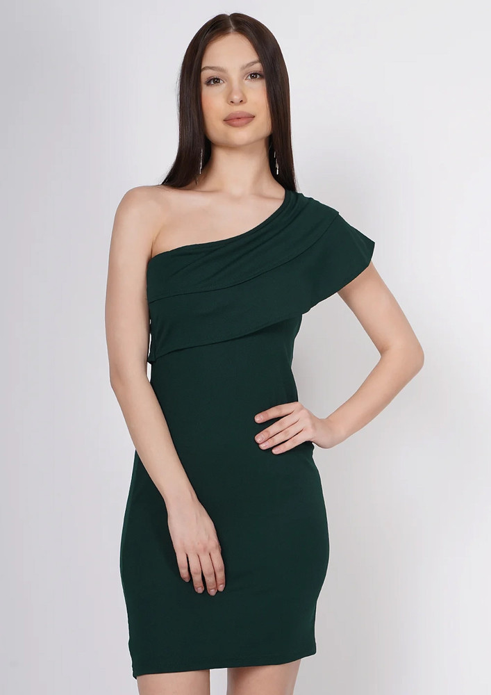 Taggd Green Solid Knitted Bodycon One Shoulder Dress