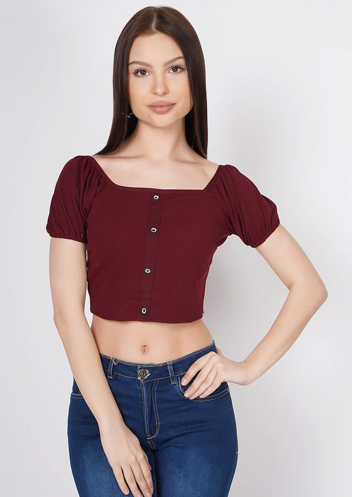Taggd Maroon Button Up Crop Top
