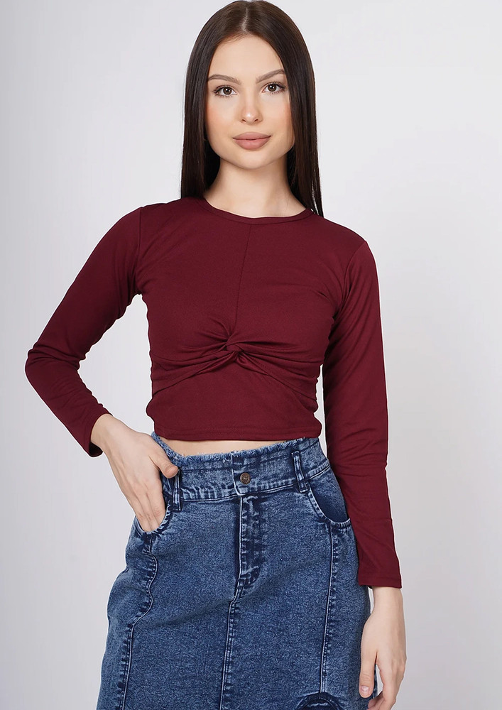 TAGGD Casual Full Sleeve Round Neck Maroon Top