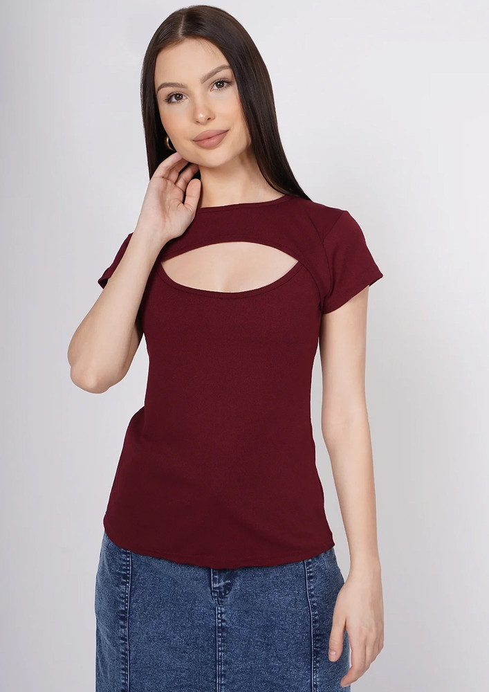 Taggd Half Sleeves Cut Out Maroon Top