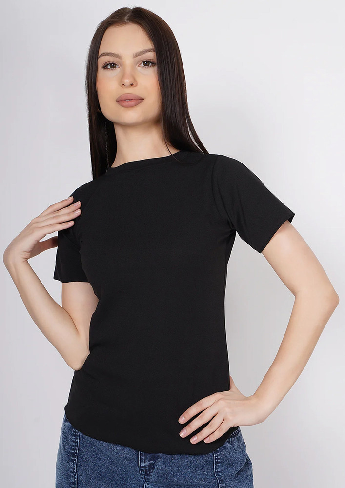 TAGGD Round Neck Knitted Half Sleeve Black Top