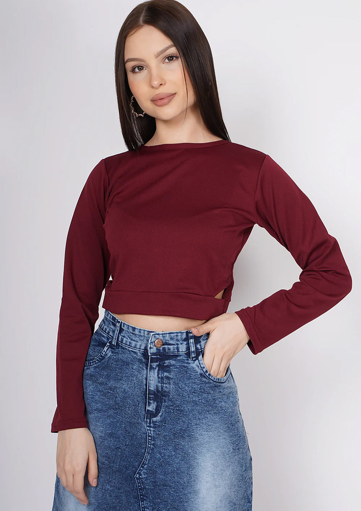 Taggd Round Neck Full Sleeve Maroon Top
