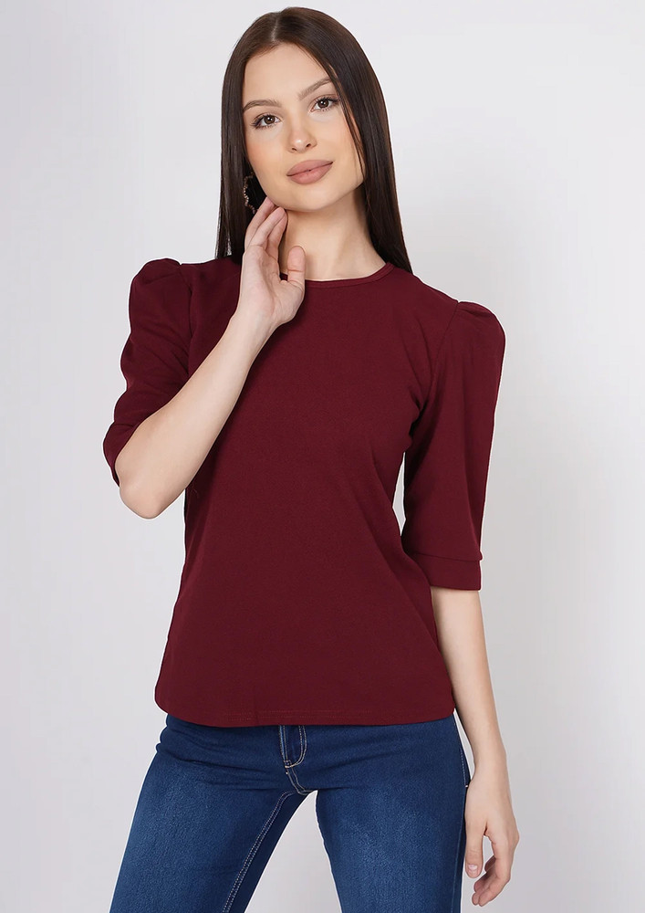 TAGGD Round Neck Baloon Sleeves Maroon Top