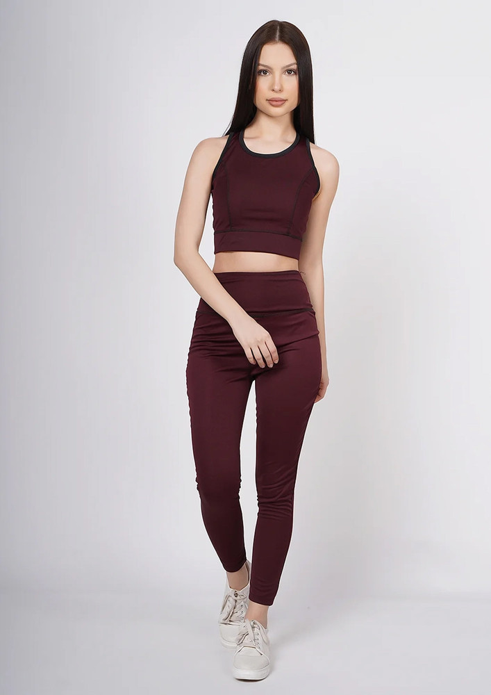 Taggd Maroon Color Leggings With Crop Top Yoga Suit