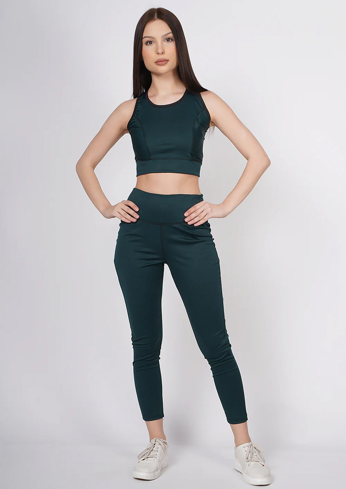Taggd Bottle Color Leggings With Crop Top Yoga Suit
