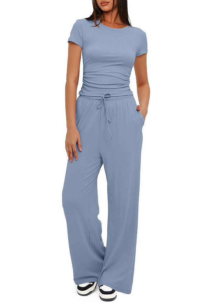 Blue Lounge Fitted Top & Pants Set