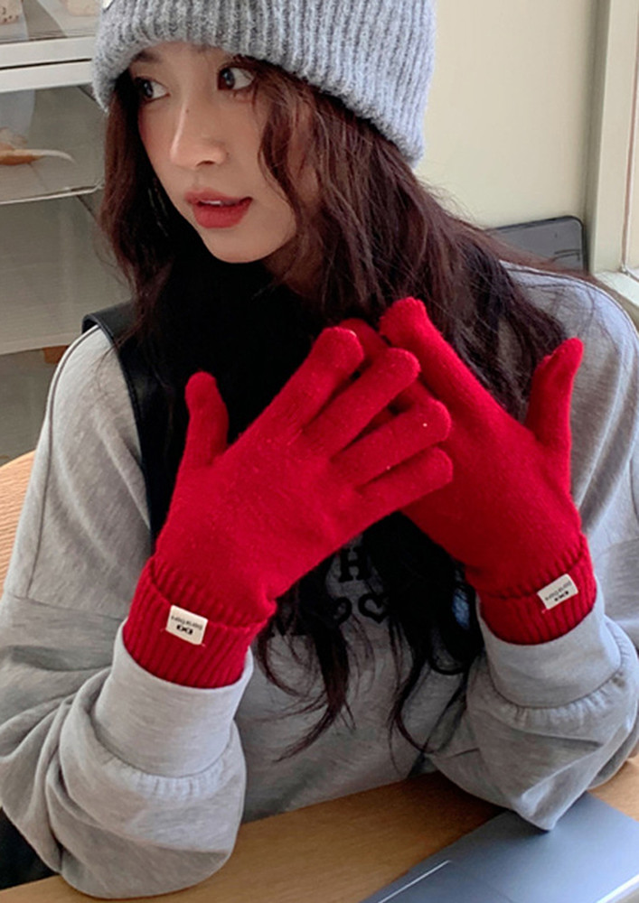 RIB-KNIT FREE SIZE RED GLOVES