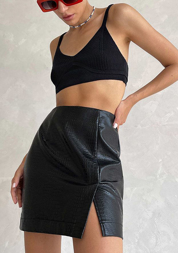 Black Imitation Leather Zipper-back Short Skirt 