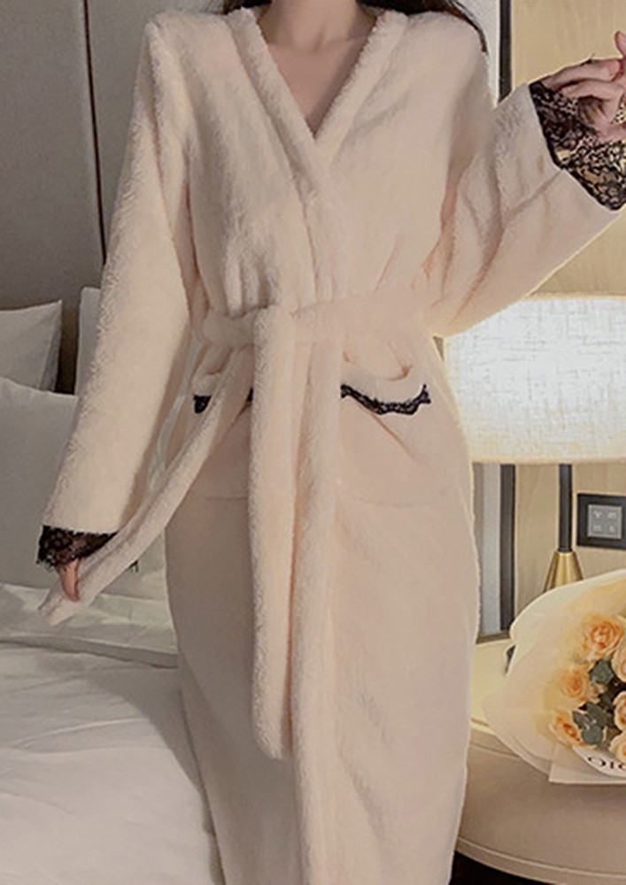 Off-white Contrast Lace Trim Soft-fur Night Robe