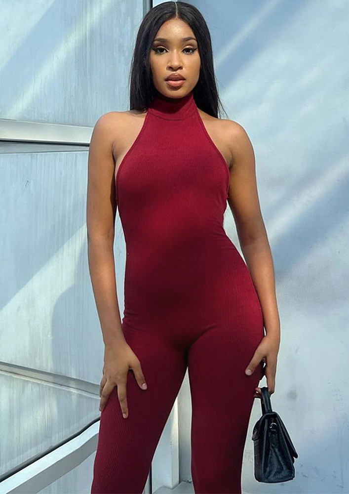Red Backless Ribbed Jumpsuit